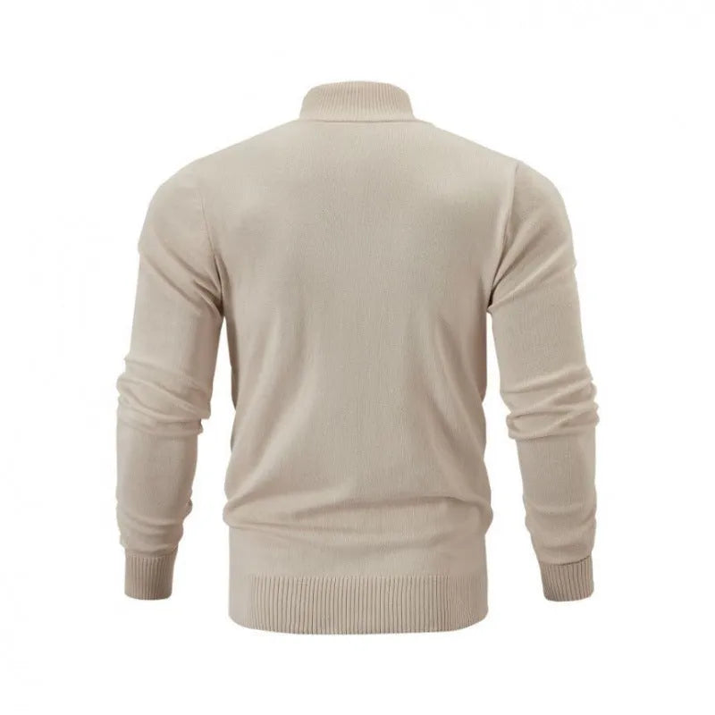 Men's grey zip-up stand collar casual sweater on a hanger