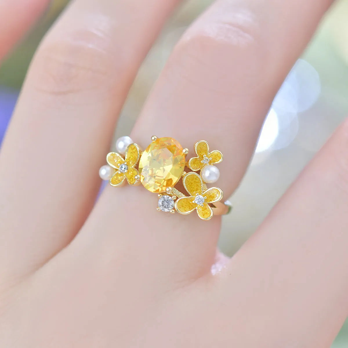 Flower pearl zircon open ring on copper base, yellow colour, cream sweet girl style