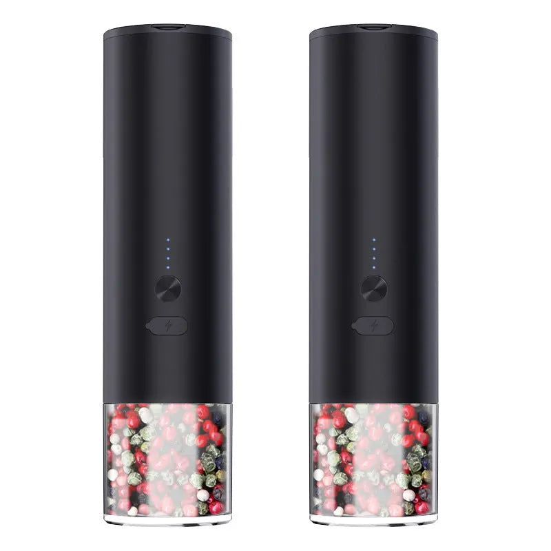 White electric salt and pepper grinder set with LED light and USB charging base