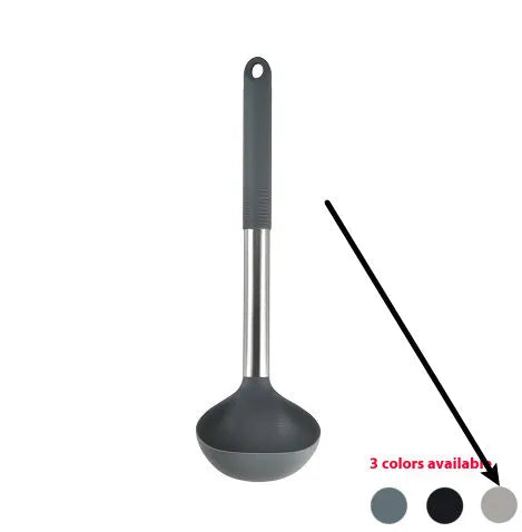 12 piece silicone kitchenware set with rotating storage bucket containing ladle spatula and clips