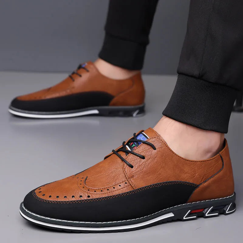 Men's black leather casual shoes with a low top, rubber sole, and sewing line detail on a fabric upper.