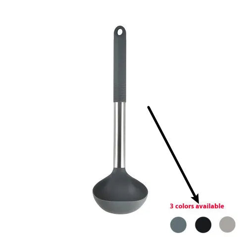 12 piece silicone kitchenware set with rotating storage bucket containing ladle spatula and clips