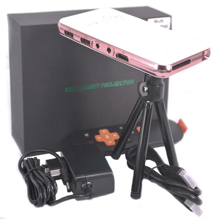 M6S miniature portable smart DLP Android projector in white rose gold showing compact dimensions