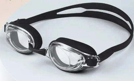 HD prescription swimming goggles with silicone seals in black, available in myopia grades 200 to 600 degrees.