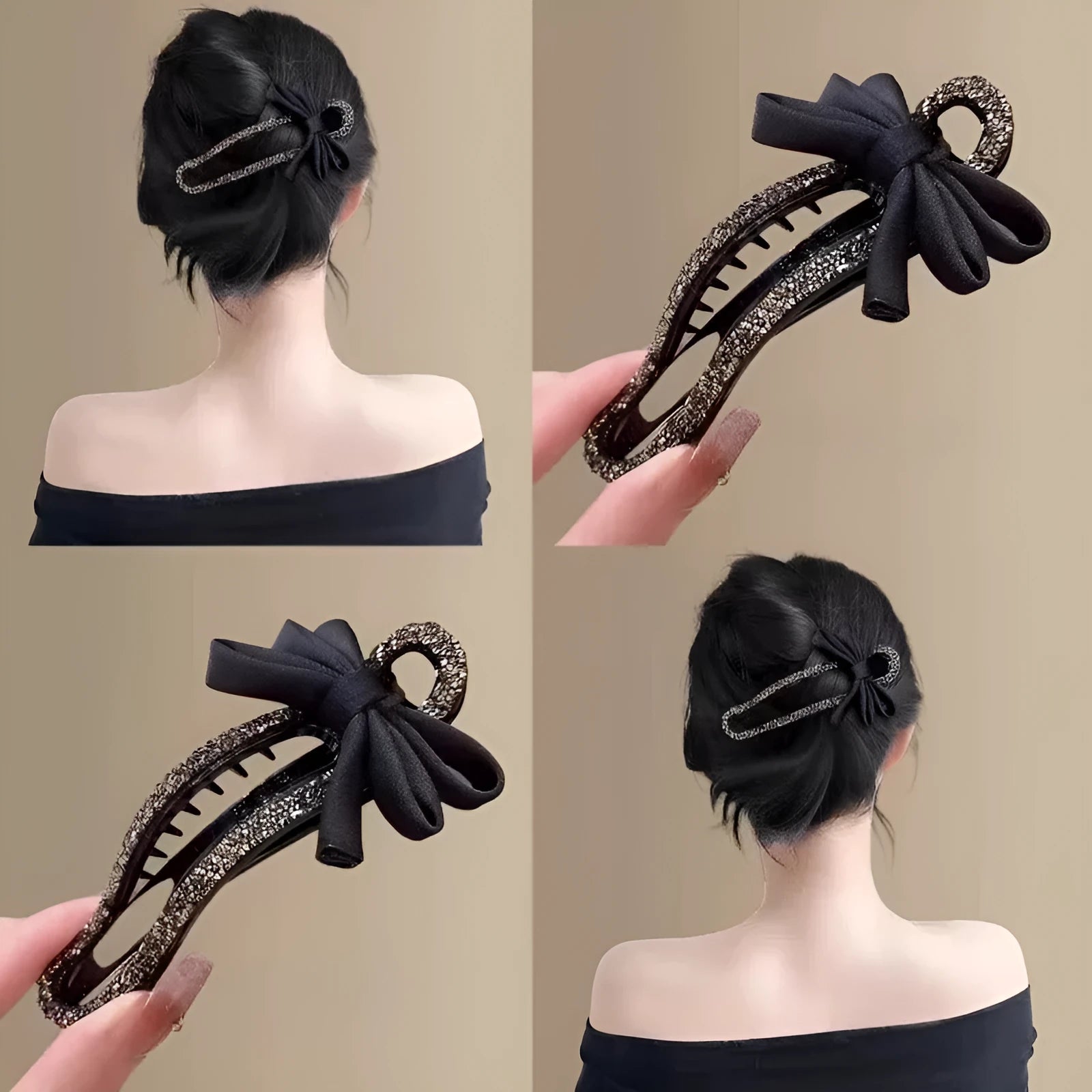 Black crystal bow acrylic hair claw 11.5cm total length, manual processed women's updo accessory