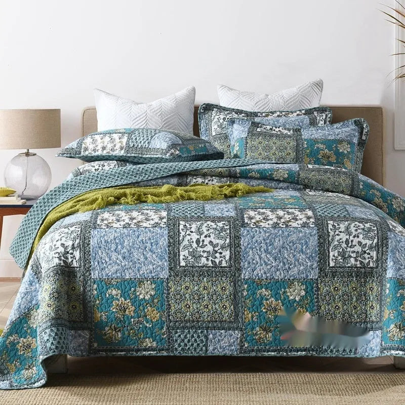 Pure cotton quilted bed cover with reactive printed pattern on bed