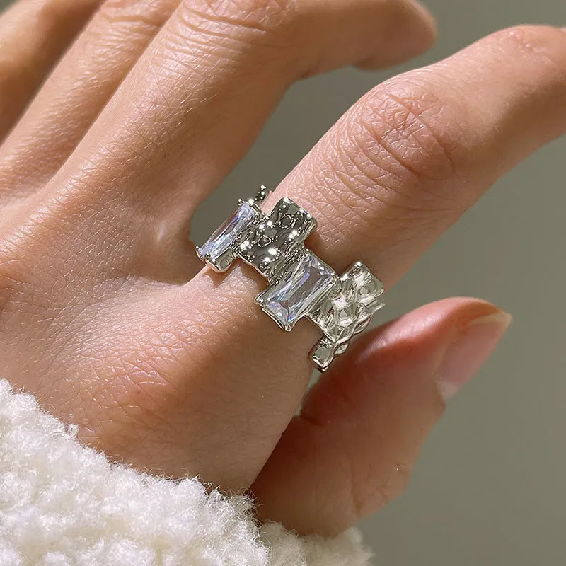 Silver cross zircon open gemstone ring with geometric design and retro pastoral style
