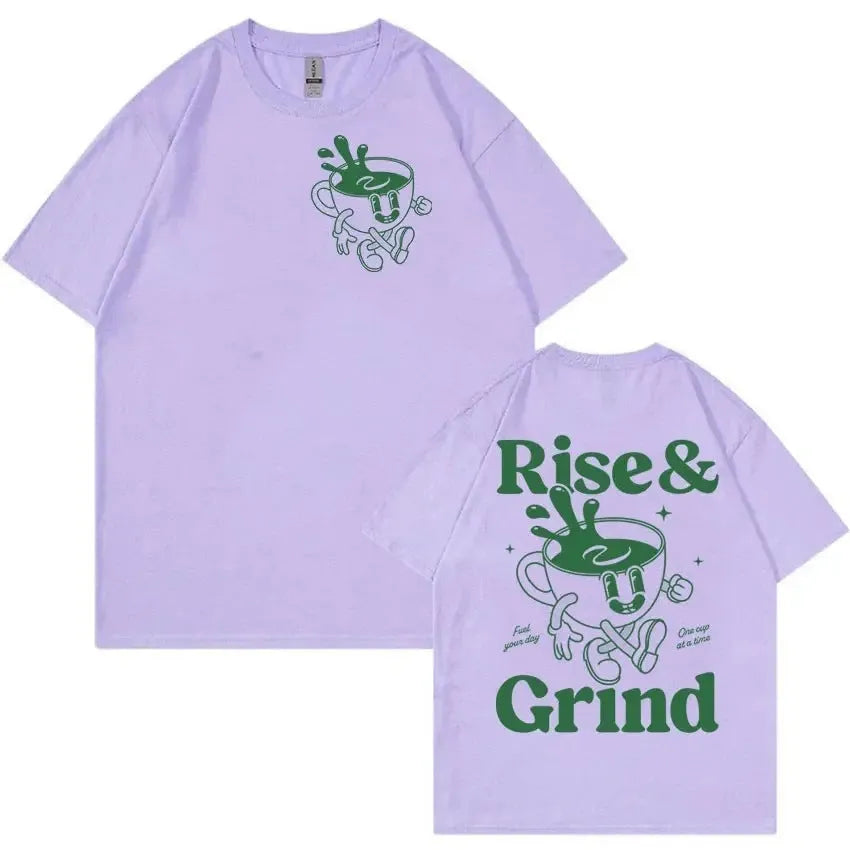 Men's loose fit linen t-shirt with green 'Rise And Grind' coffee cartoon print on chest.