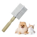 Wooden handle pet grooming comb for dogs and cats, showing rounded teeth.