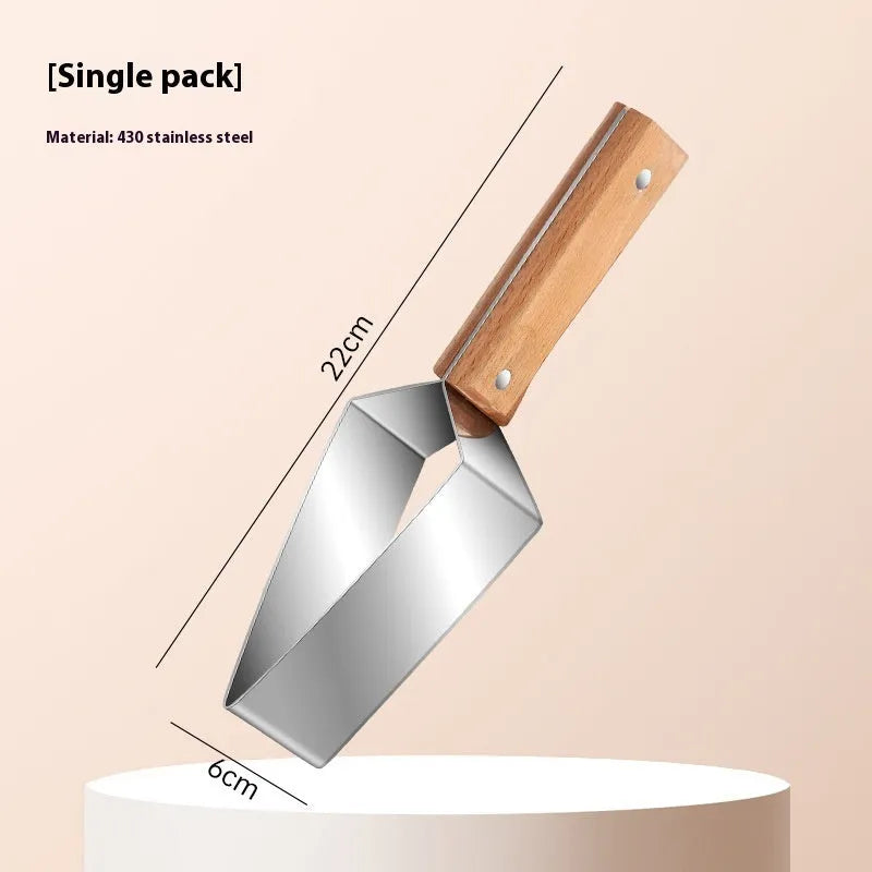 Natural colour 430 stainless steel triangle watermelon splitter with protective cover on a light background