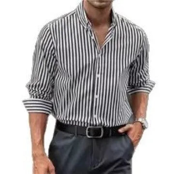 Men's striped loose-fit cardigan style long sleeve casual shirt in Khaki polyester fibre