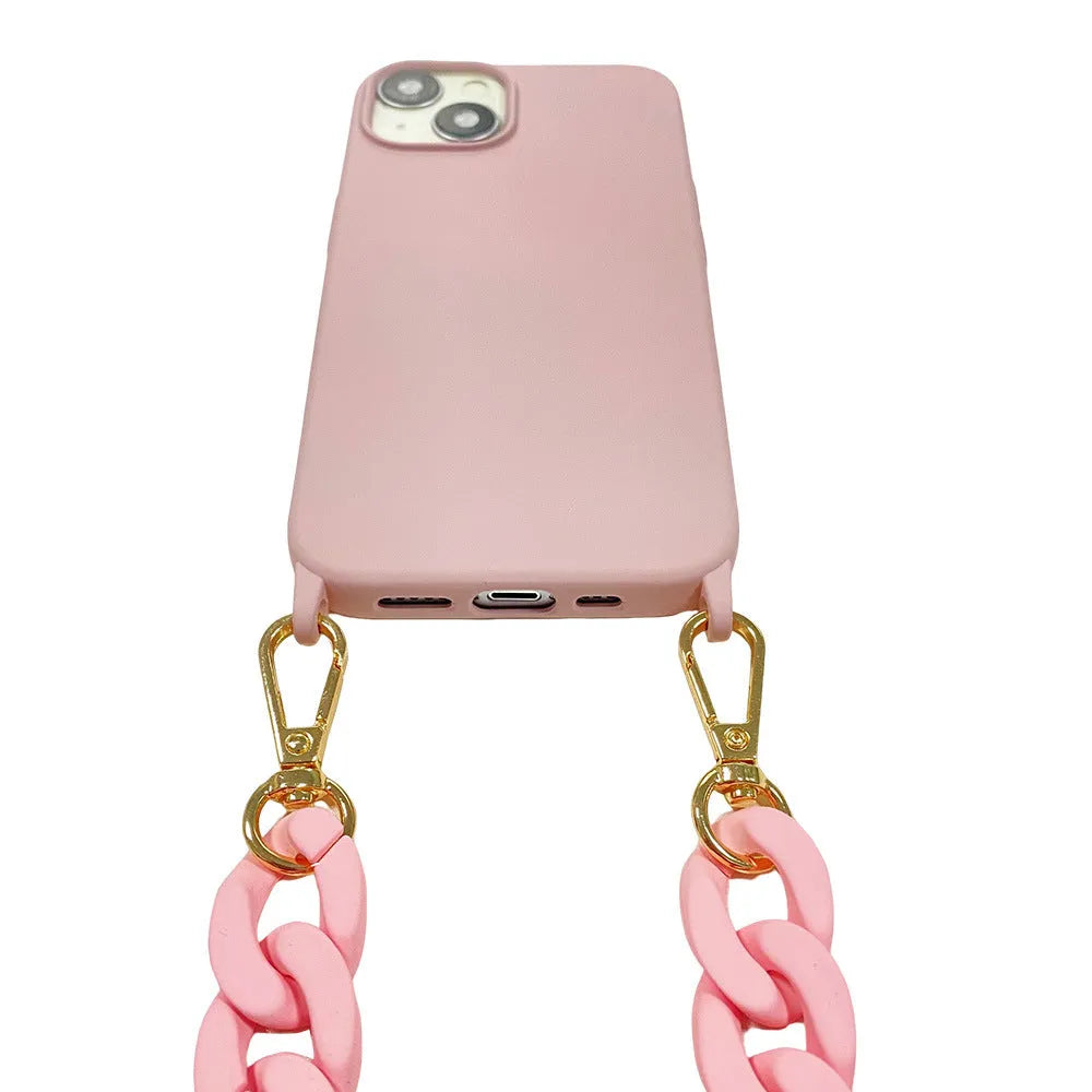 DIY frosted handle chain phone cover in liquid silicone for iPhone, available in pink shell colour