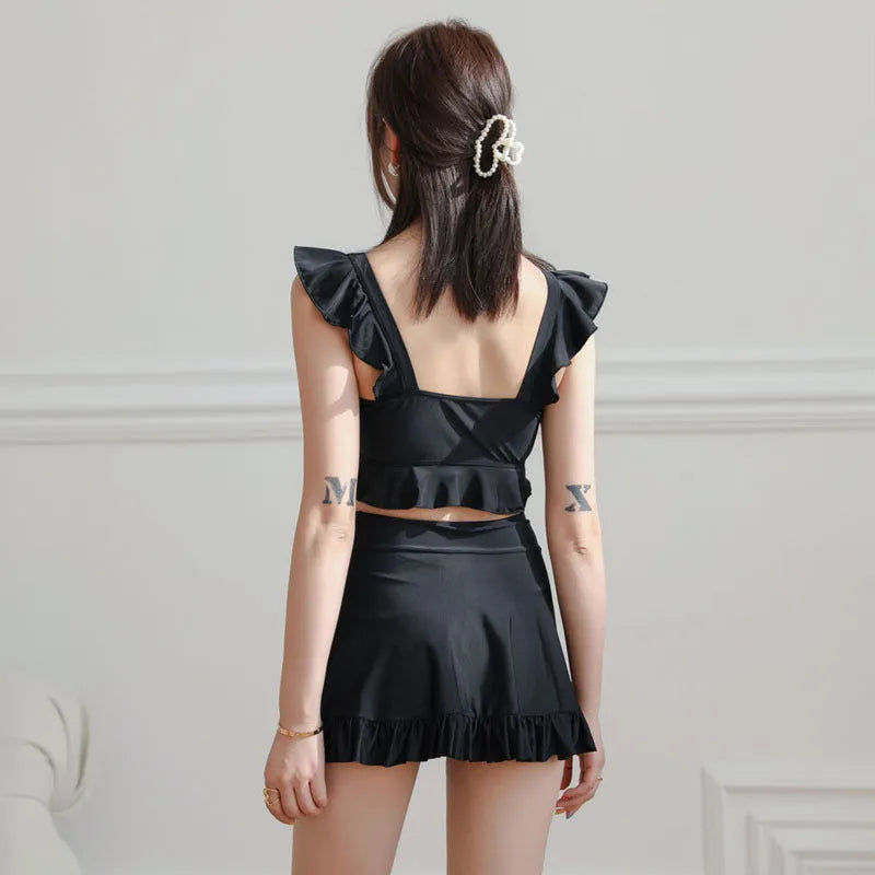 Black nylon split swimsuit for women, briefs style, sizes M L XL