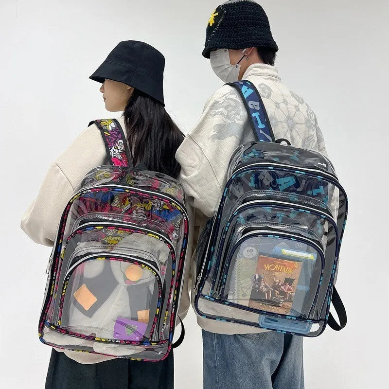 Transparent PVC waterproof backpack with inner bag in grey, measuring 30cm by 16cm by 44cm