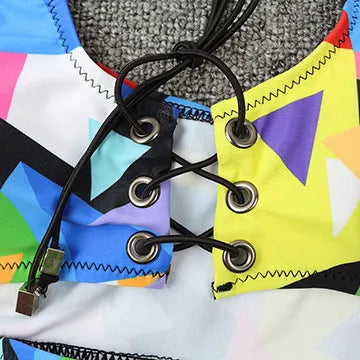 Women's cross strap fishnet high waist bikini set in checkered multicolor with bra top and shorts