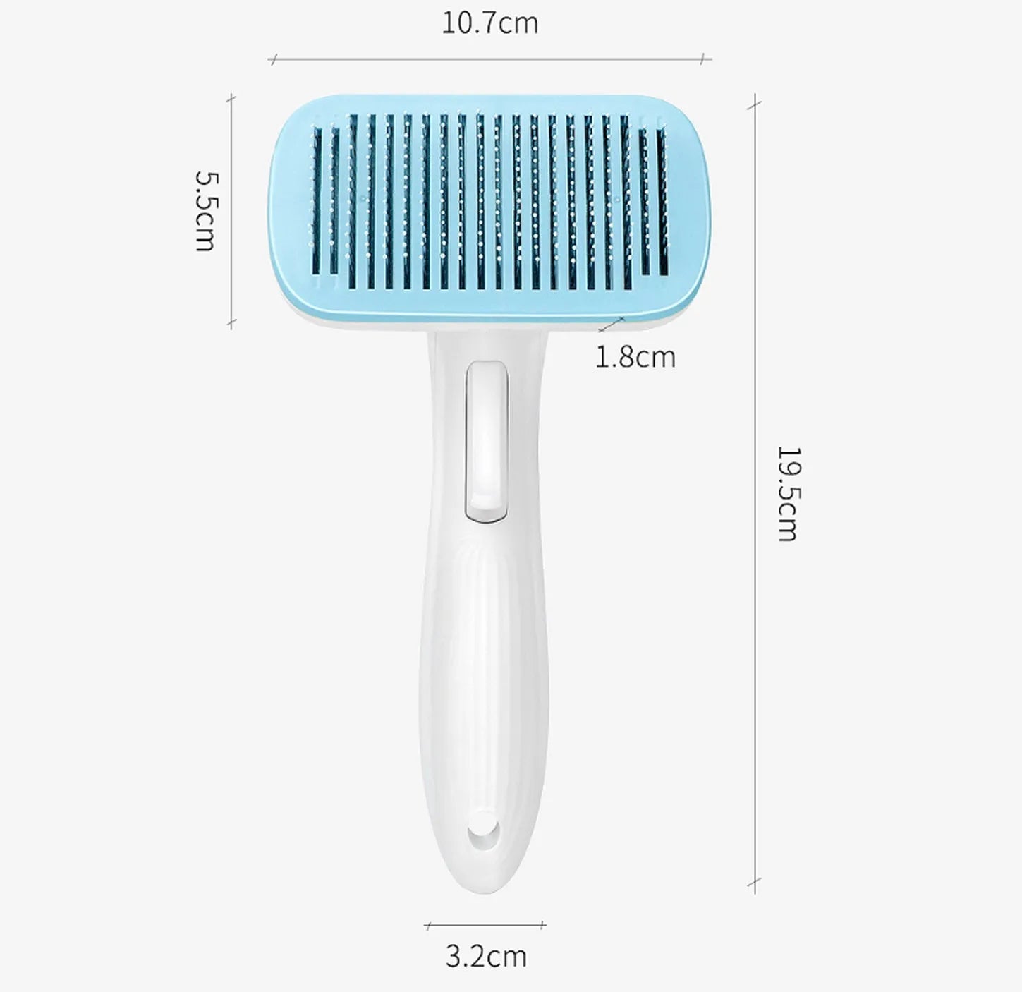 Automatic pet hair removal comb for dogs and cats in blue colour showing one-click button