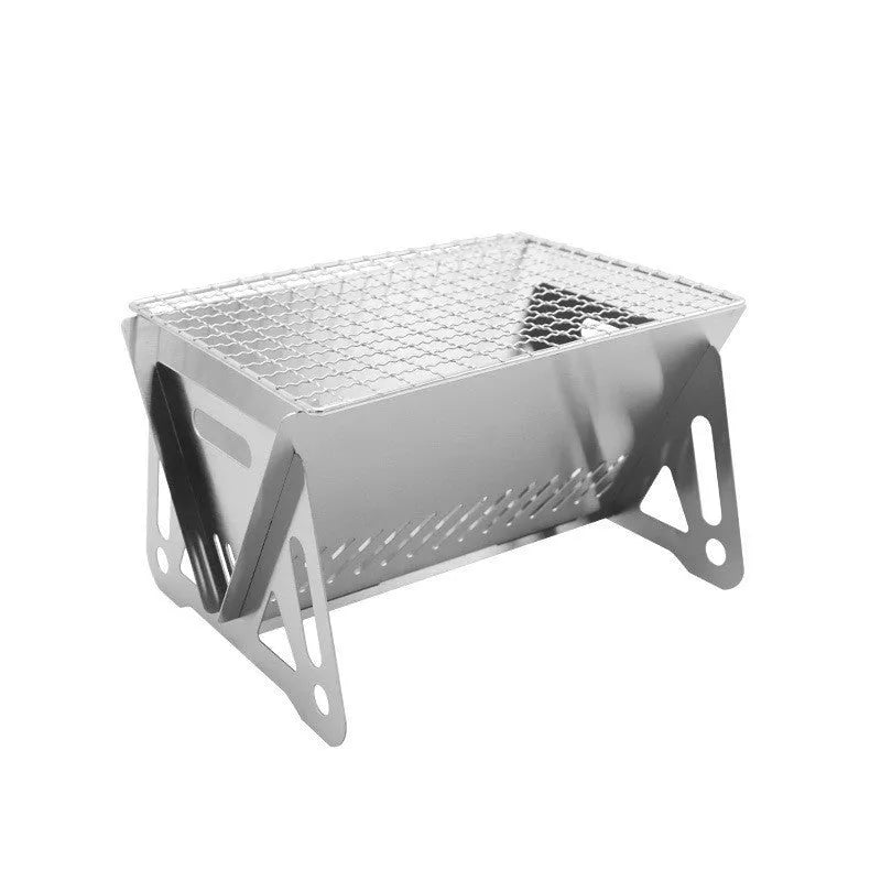 Folding stainless steel barbecue oven and BBQ grill with storage bag for outdoor use.
