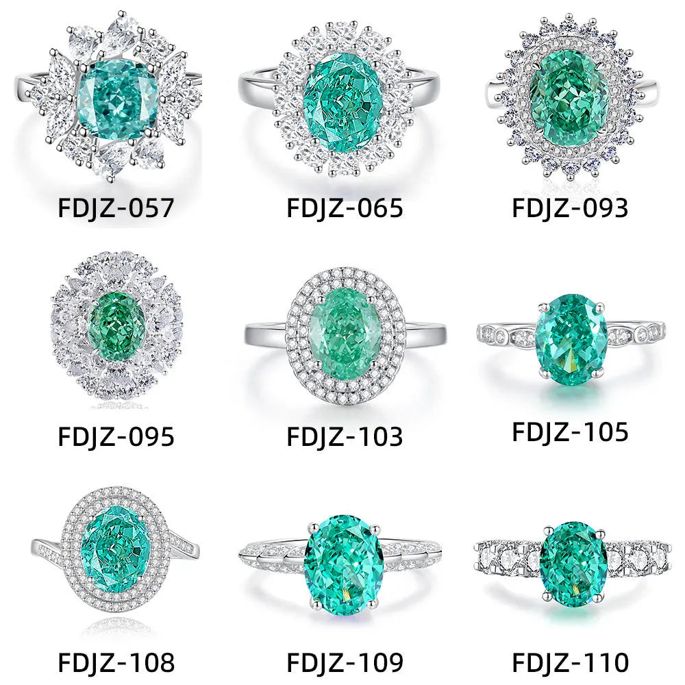 Women's geometric S925 sterling silver ring with elliptical emerald centre stone and diamond accents