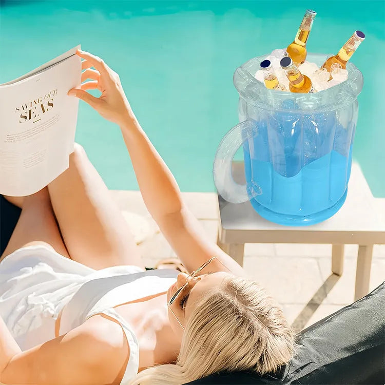 Yellow inflatable PVC ice bucket for chilling beer steins at outdoor events