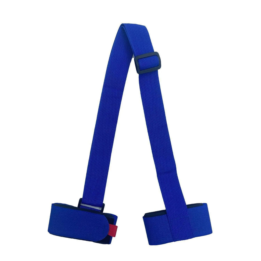 A black adjustable hook and loop shoulder strap for carrying a sled, showing the fixed sewing construction.
