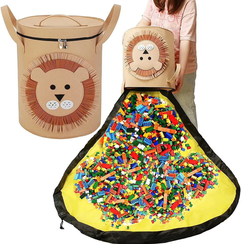 Green felt cube storage bag with pull rope, unfolded flat as a large rectangular play mat.
