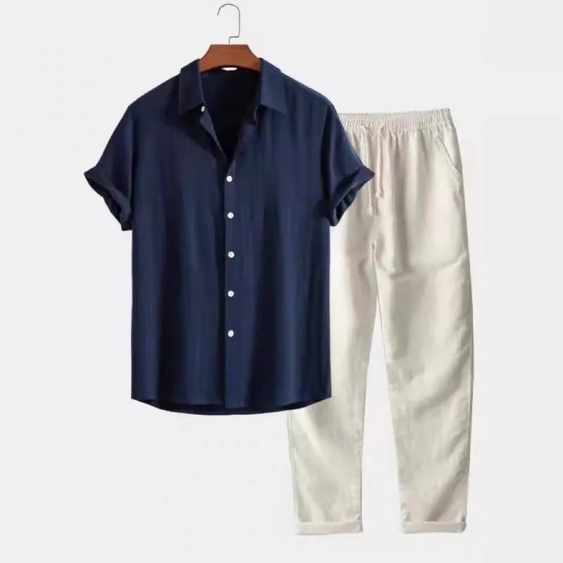 Men's casual loose-fit linen blend short sleeve shirt and trouser suit on a hanger.