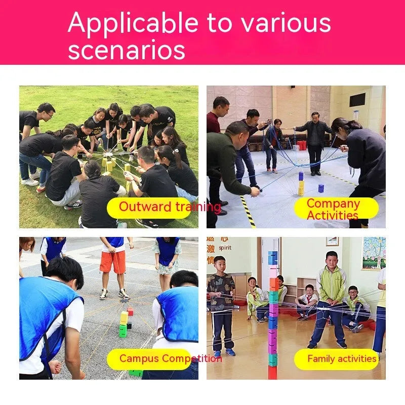 Team building tower block game equipment with pull ropes and multiple colour options for outdoor group activities