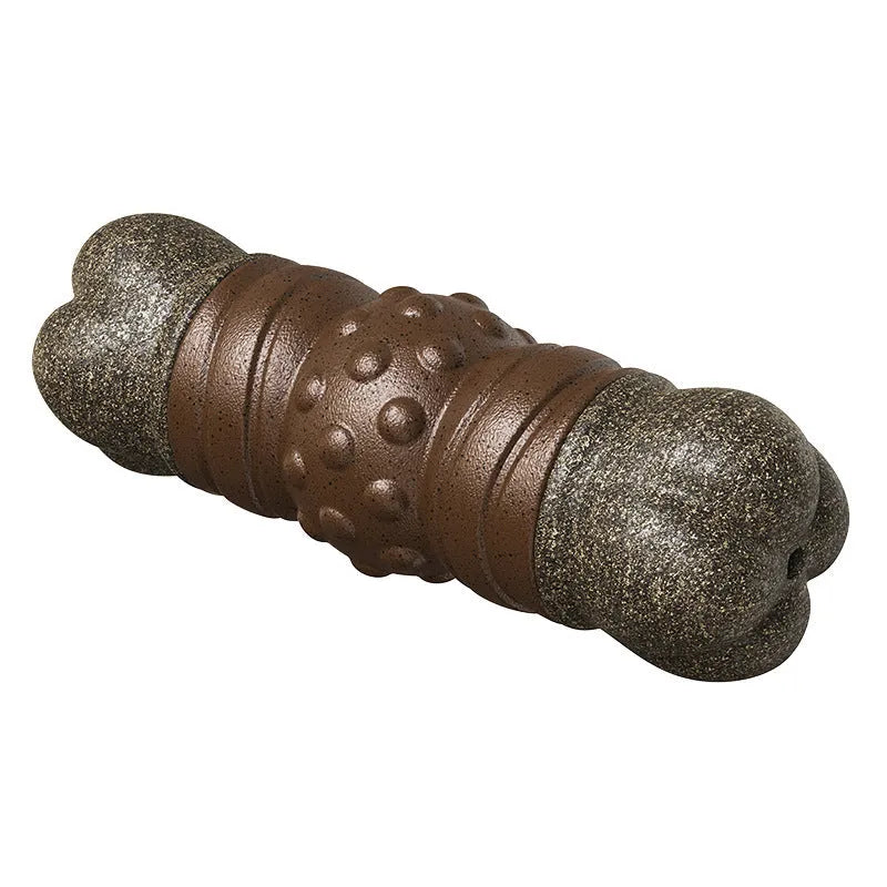 Wood colour bone-shaped plastic dog toothbrush toy with sound-emitting feature