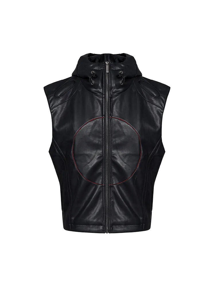 Men's black hooded PU leather waistcoat with five-pointed star print, slim fit, summer style