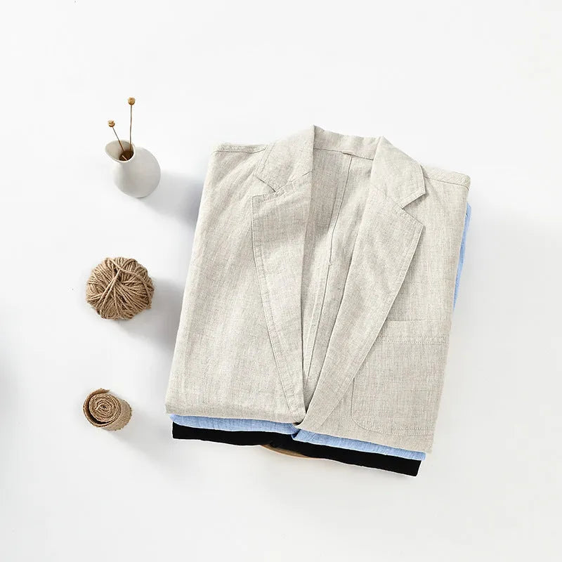 Men's linen suit thin coat in solid colour with side stick pockets, shown on a model, available in sizes S to 3XL.