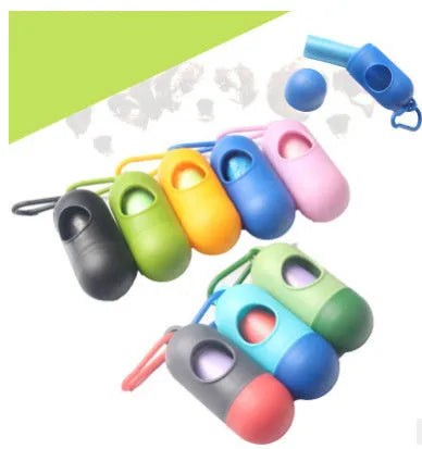 Compact black dog waste bag dispenser with a side hook and Velcro strap for attachment.