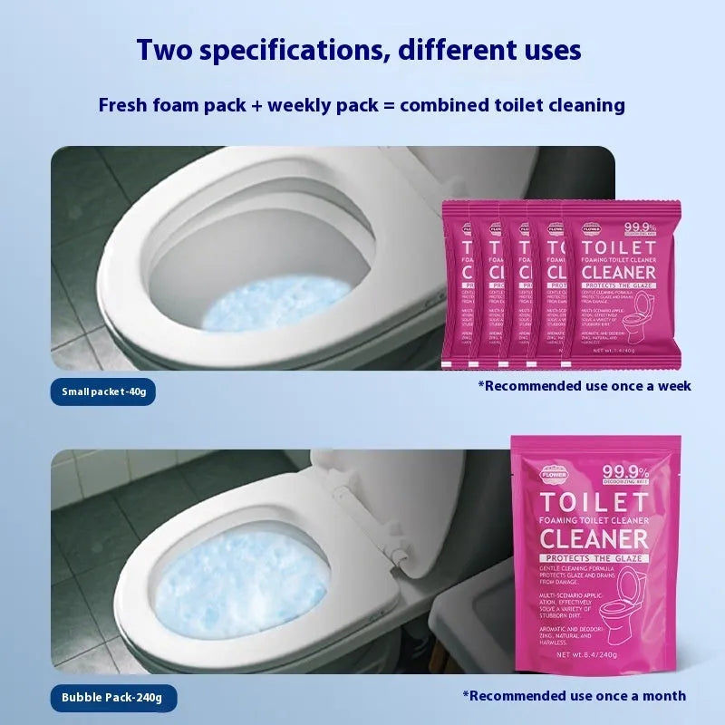 Box and bag of toilet cleaning bubble powder in blue and pink fragrances for descaling.
