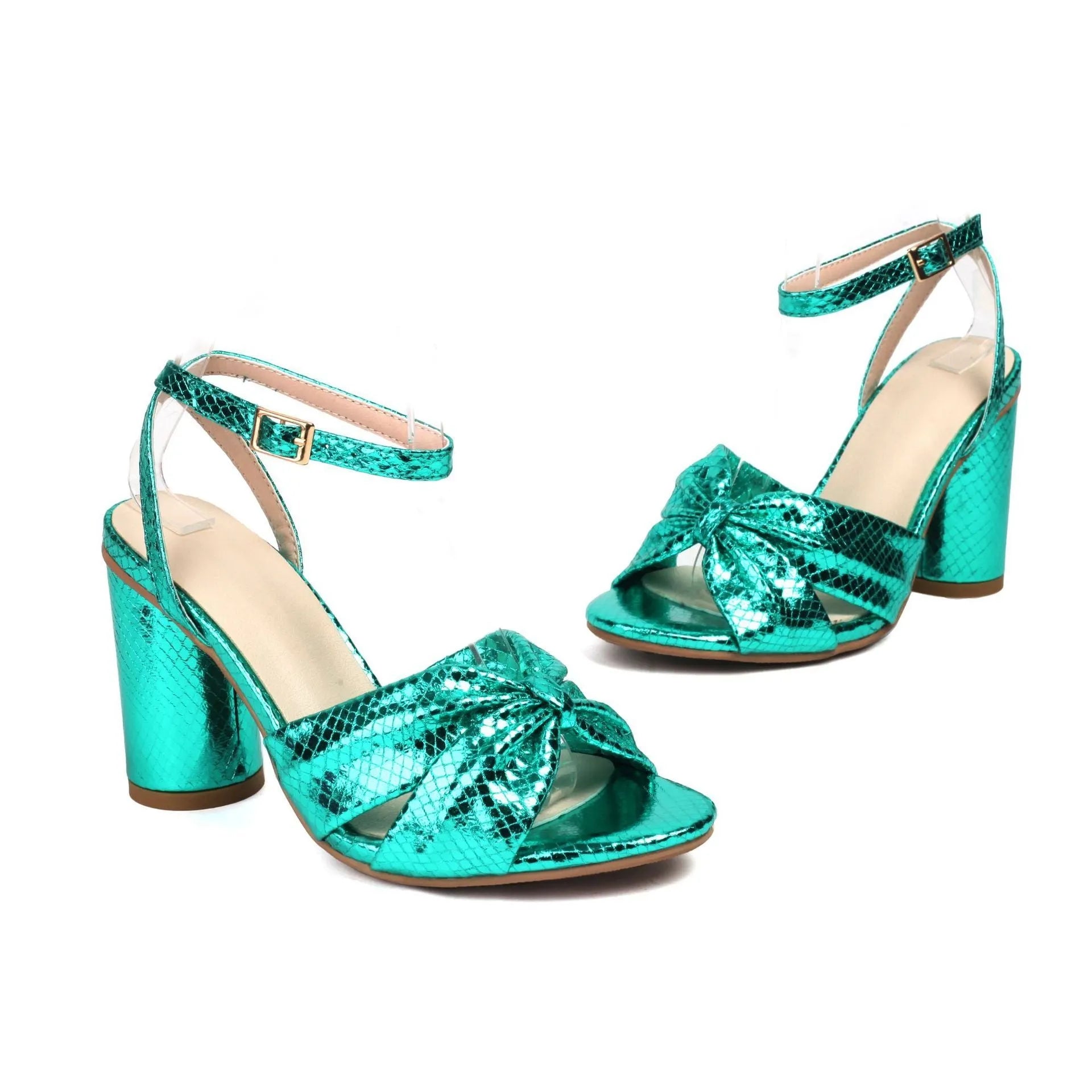 High heel plus size peep toe ankle buckle sandals in gold with fish mouth scaffold and PU upper
