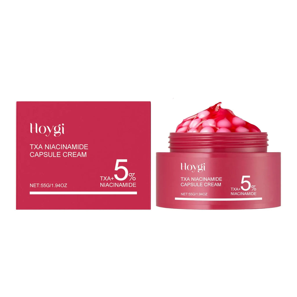 55g jar of easy absorb nourishing moisturising cream with gel and white balls, containing tranexamic acid and nicotinamide