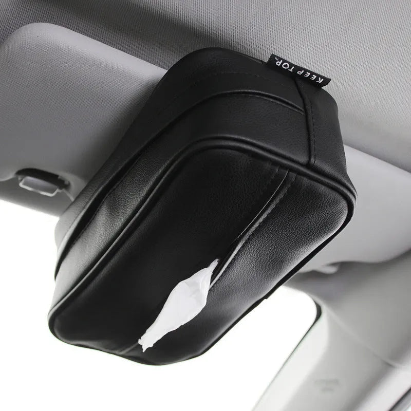 Black leather hanging storage box with paper bag for car or home organisation