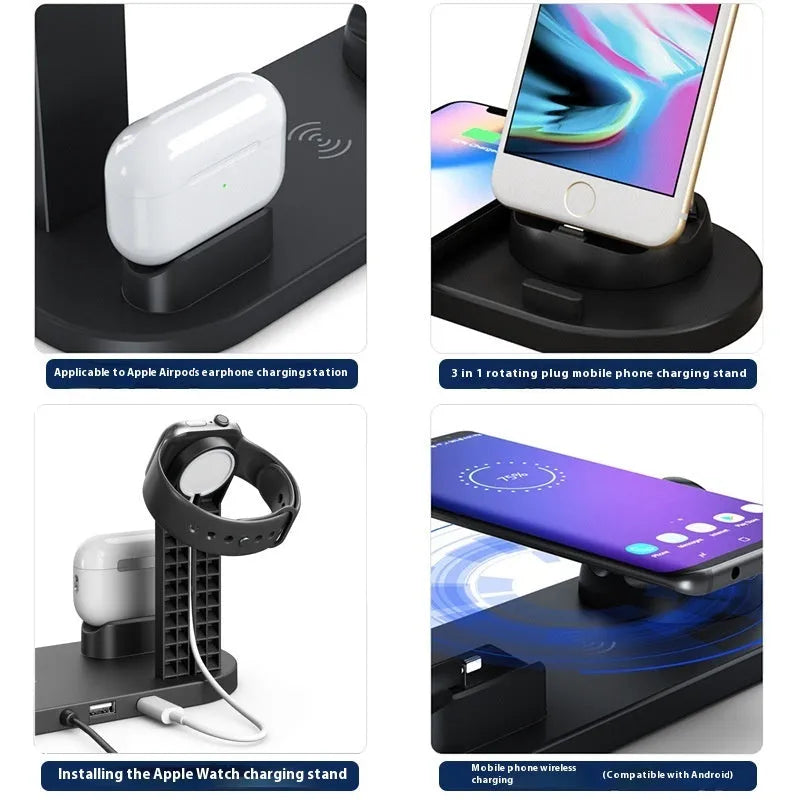 Black 15W wireless charging stand for phone headset and watch on a desk with a smartphone placed on the pad