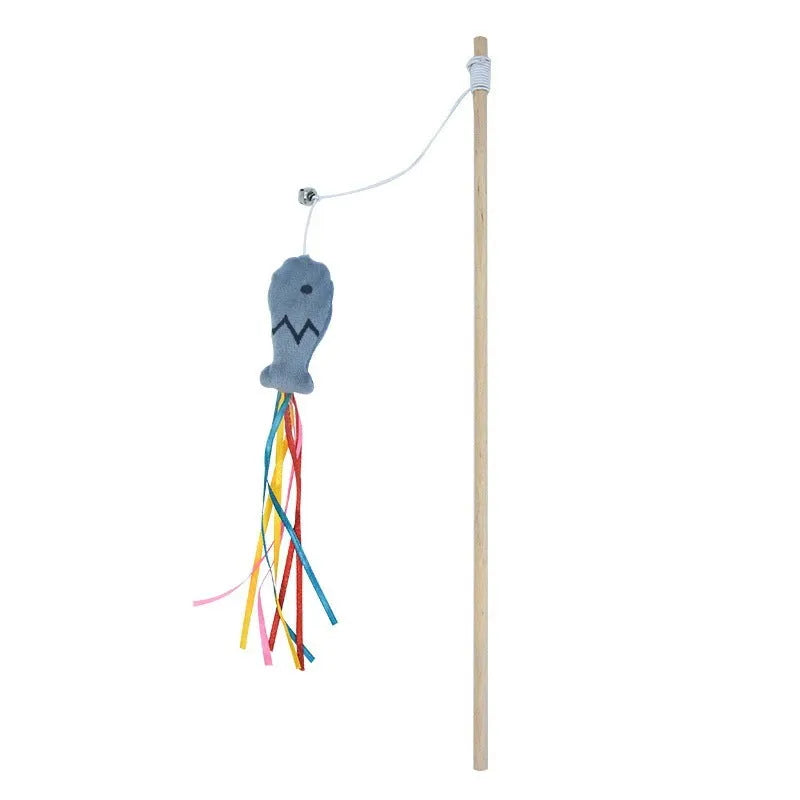 Cat wand toy with colourful ribbons, catnip fish, and bell on natural wooden handle