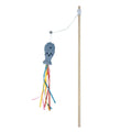 Cat wand toy with colourful ribbons, catnip fish, and bell on natural wooden handle