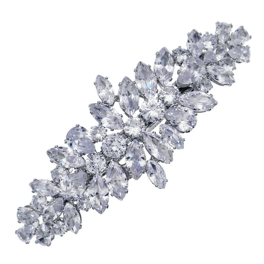 Women's inlaid zircon spring clip barrette with leaf pattern, electroplated finish, side view