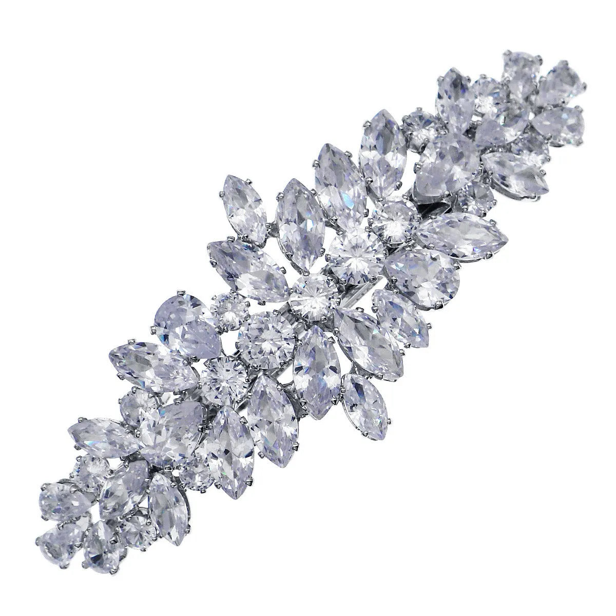 Women's inlaid zircon spring clip barrette with leaf pattern, electroplated finish, side view