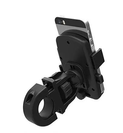 Black ABS plastic bicycle handlebar mobile phone holder with a secondary securing strap.