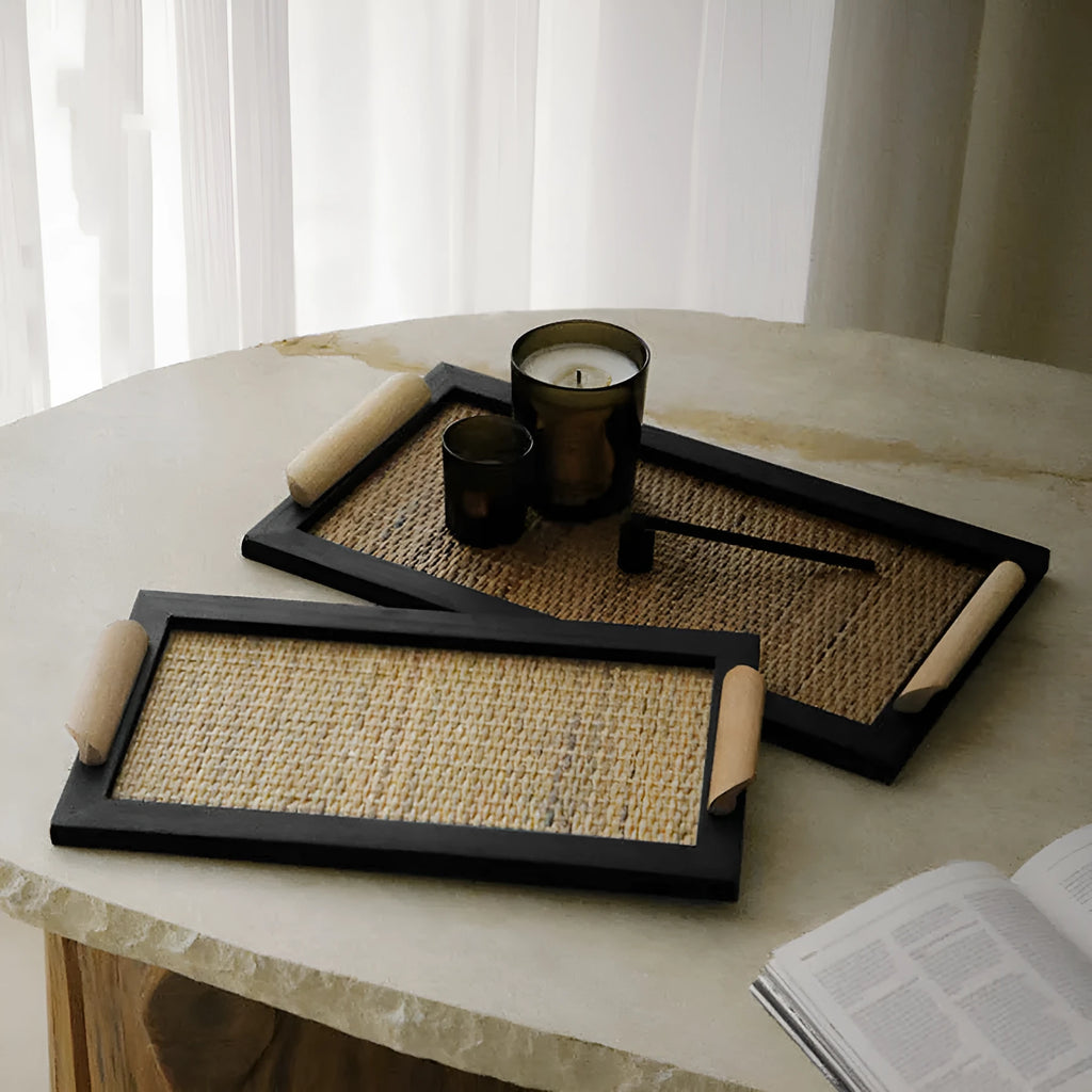 Pine wood dining tray with compartments, shown in large and small size options.