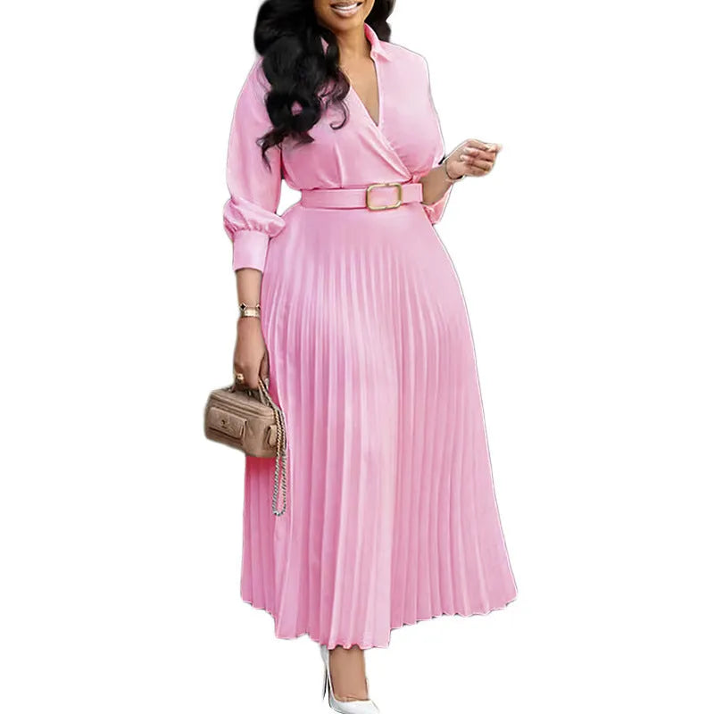 Solid colour pleated dress with collar and belt, high-waist mid-length polyester dress in black, pink, or rose red