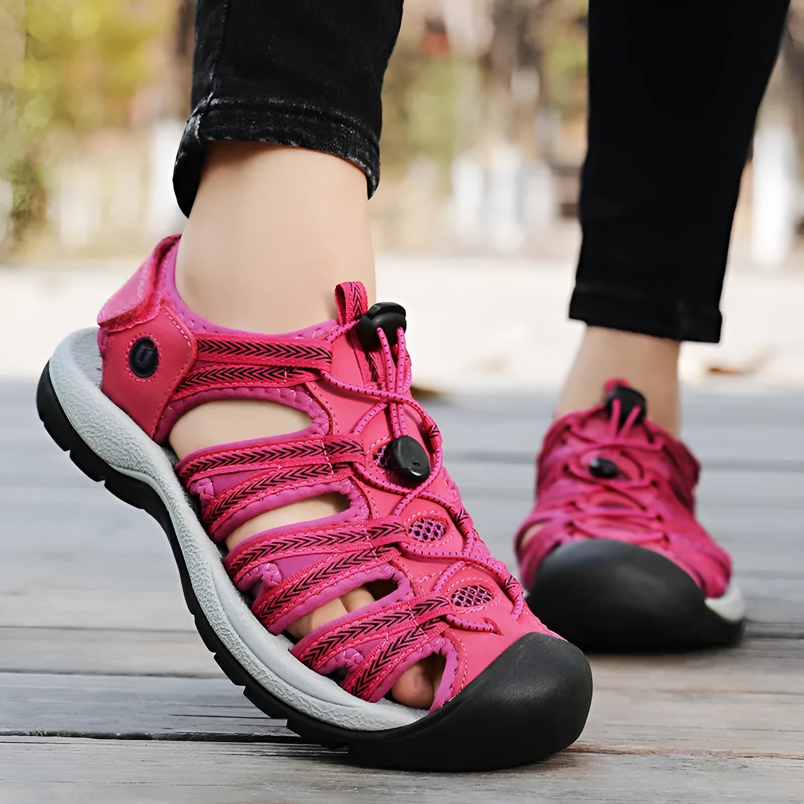 Women's toe box sandals with leather mesh upper and rubber sole in a range of colours