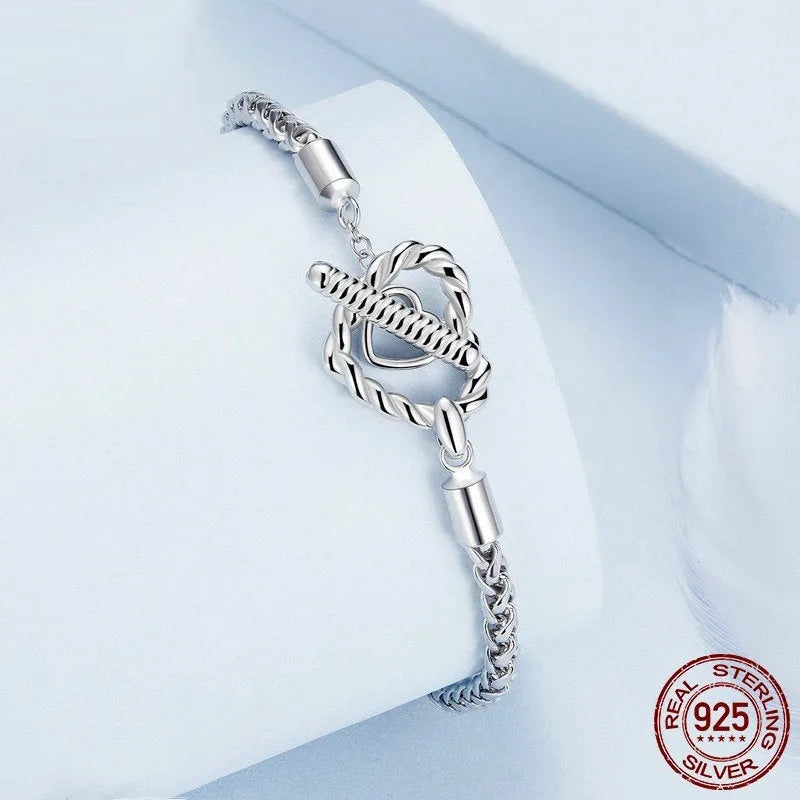 S925 sterling silver heart-shaped base bracelet on a light background showing 17cm and 19cm sizes