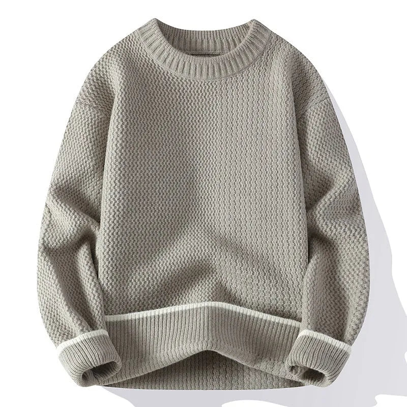 Men's round neck polyester blend knitwear sweater in loose fit showing black grey white khaki colour options