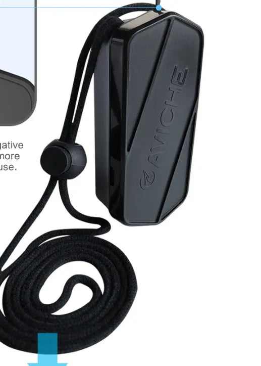 Black wearable air purifier necklace measuring 80mm long with plastic construction and portable battery operation