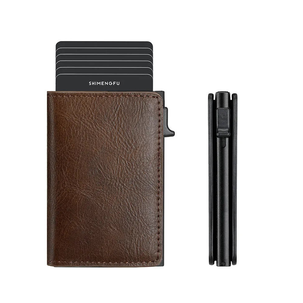 Pop-up aluminum alloy card wallet in retro style with anti-theft protection, available in multiple colours