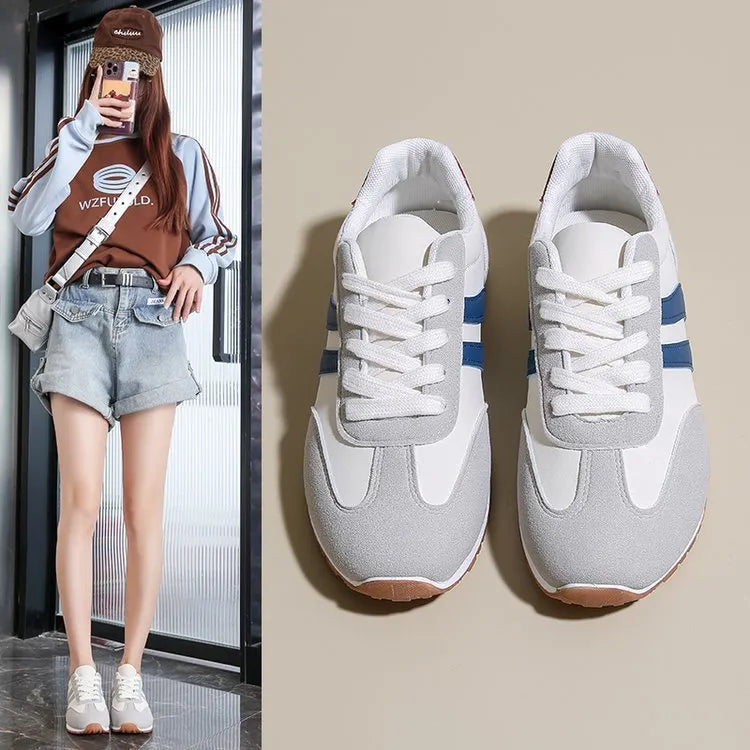 Blue and grey Cortez stripes casual shoes with round toe and flat rubber sole