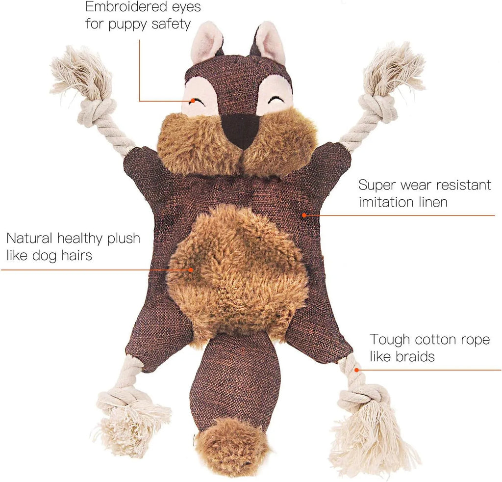 Brown plush fox dog toy with embroidered eyes, cotton rope limbs, and a squeaker in its head.